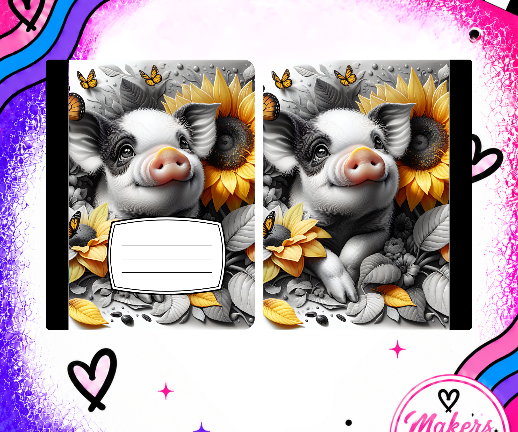 BLACK AND WHITE PIG WITH SUN FLOWER Notebook cover
