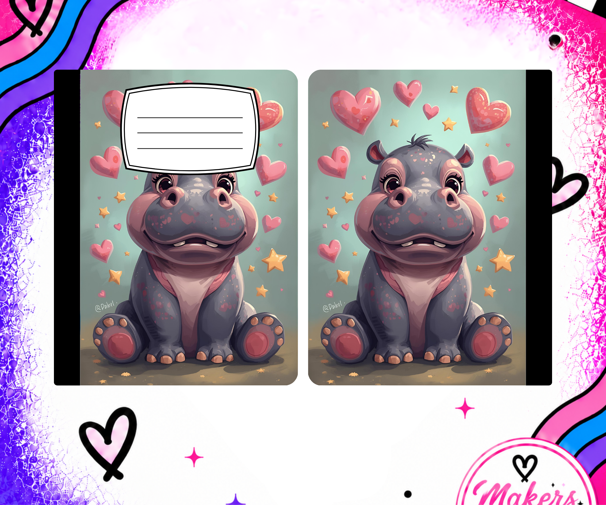 HIPPO AND HEARTS notebook cover
