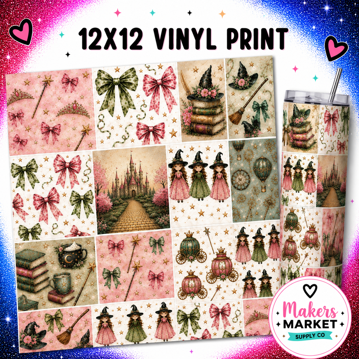 GREEN AND PINK WITCHES PATCHWORK TEAL Vinyl