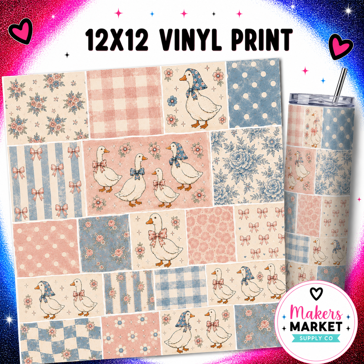 PINK AND BLUE GEESE PATCHWORK  Vinyl