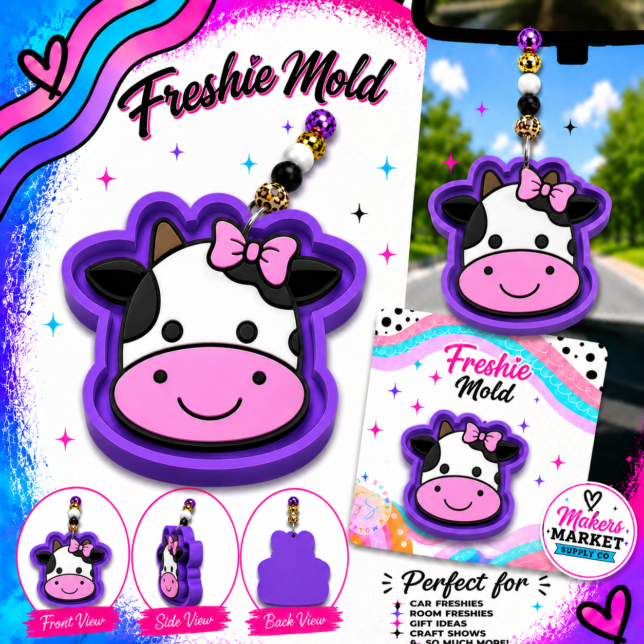 CUTE COW FACE WITH BOW FRESHIE MOLD