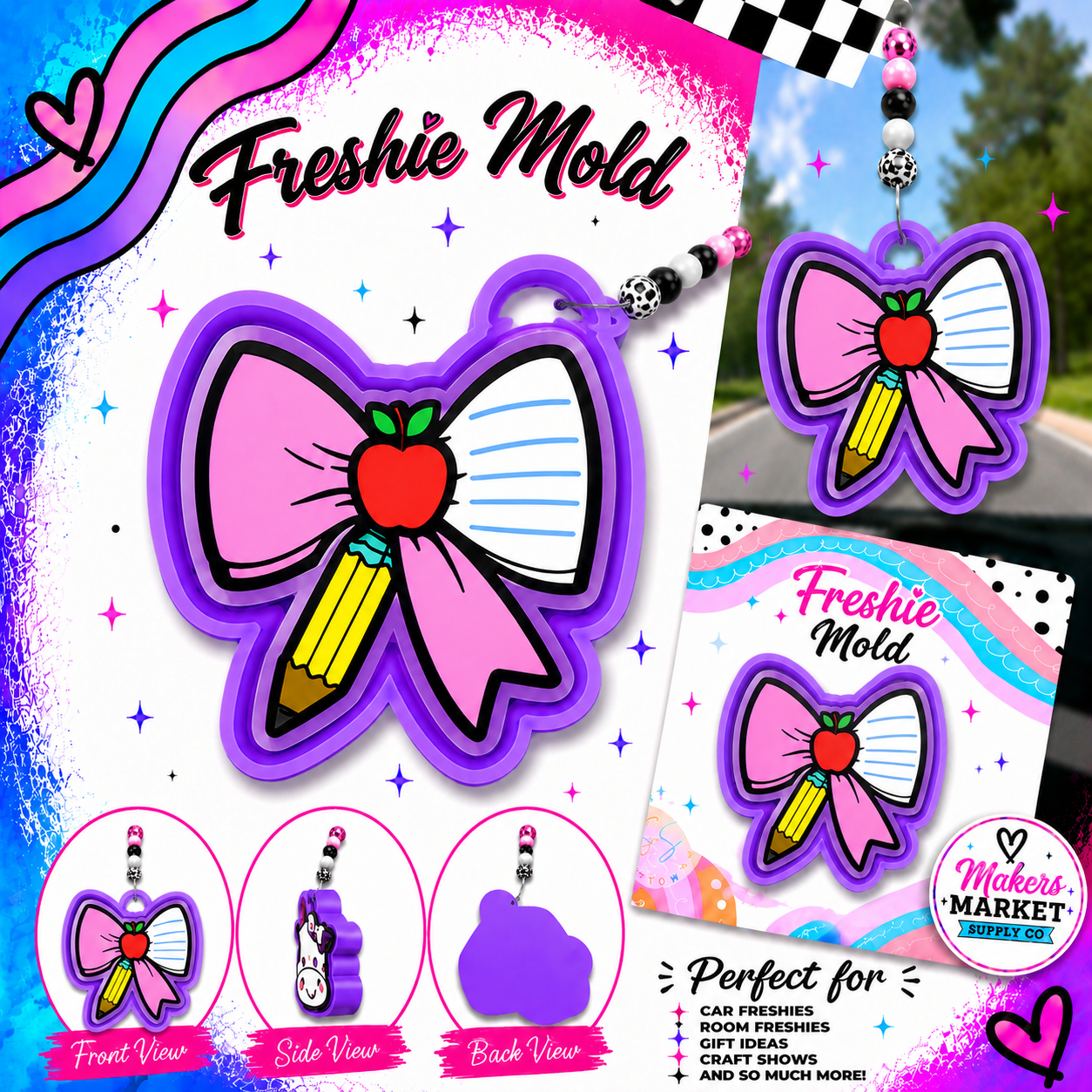 SCHOOL BOW WITH PENCIL  FRESHIE MOLD