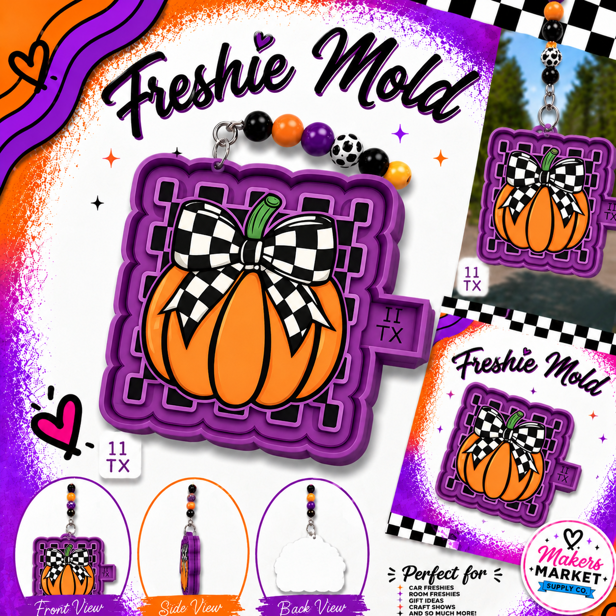 PUMPKIN WITH BOW ON CHECKED FRESHIE MOLD