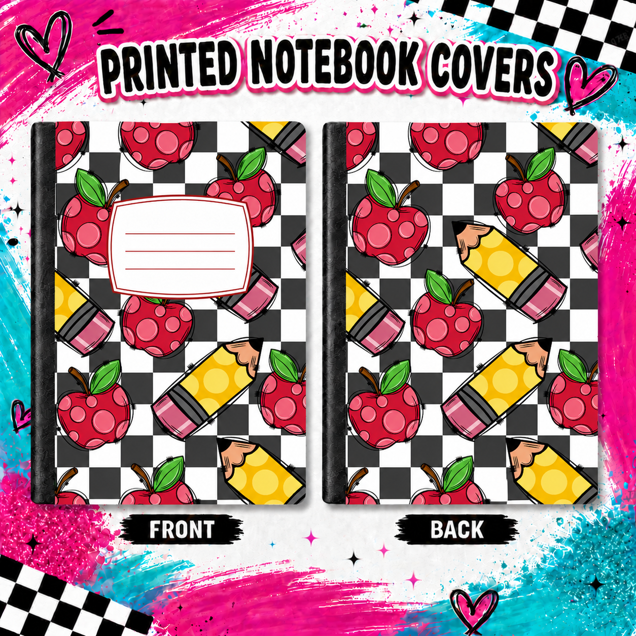 PENCILS AND APPLES ON CHECKERED printed note book cover