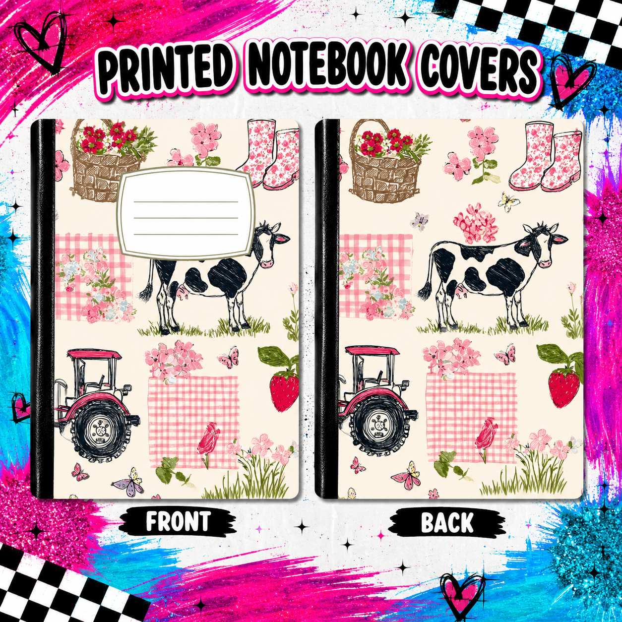 PINK FARM WITH COW printed note book cover