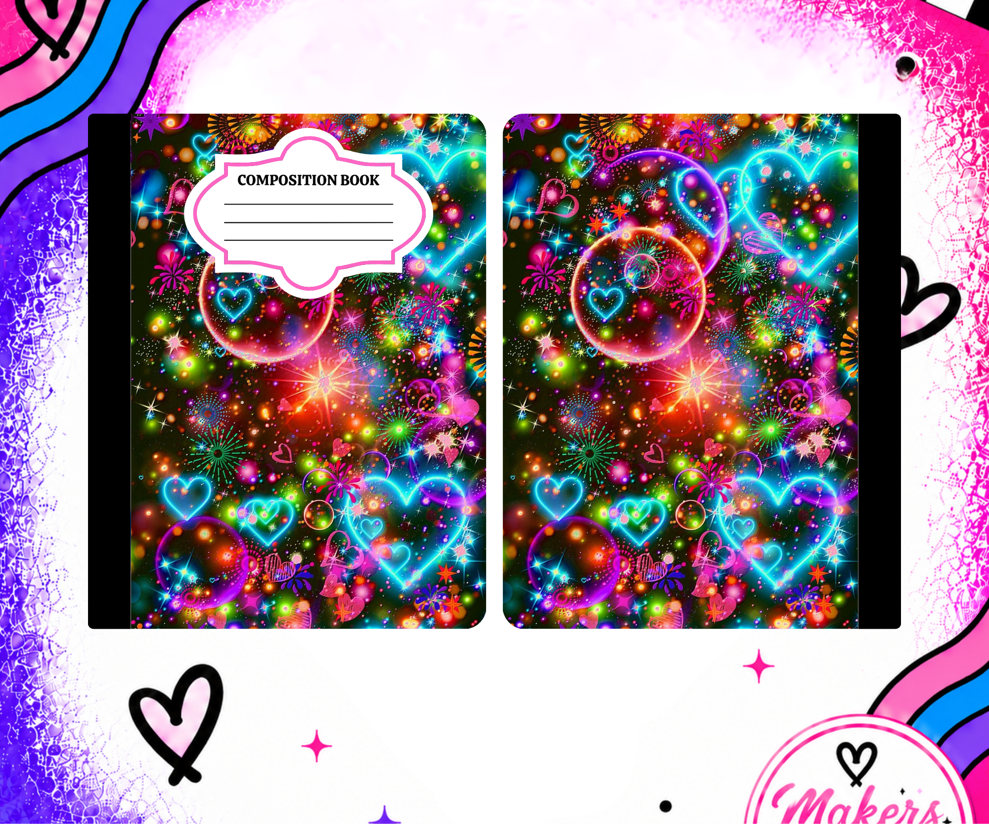 Neon hearts notebook cover